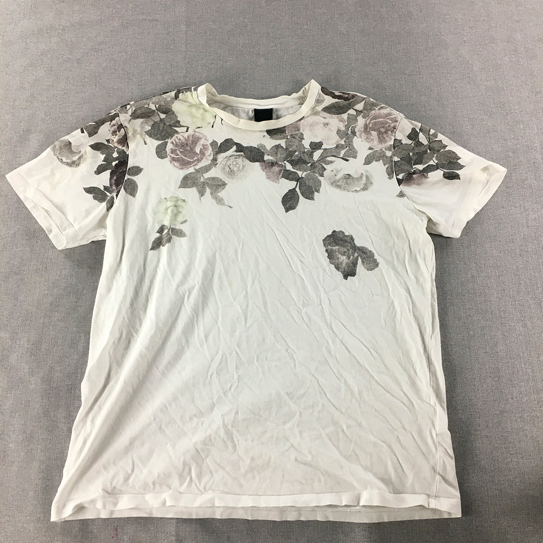 H&M Mens T-Shirt Size L White Short Sleeve Floral Crew Neck Tee