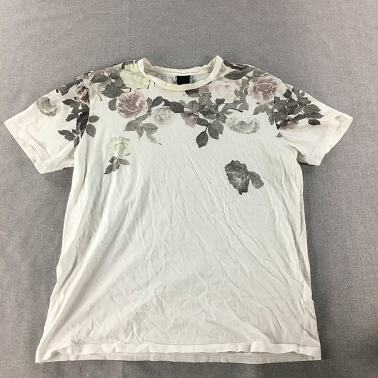 H&M Mens T-Shirt Size L White Short Sleeve Floral Crew Neck Tee