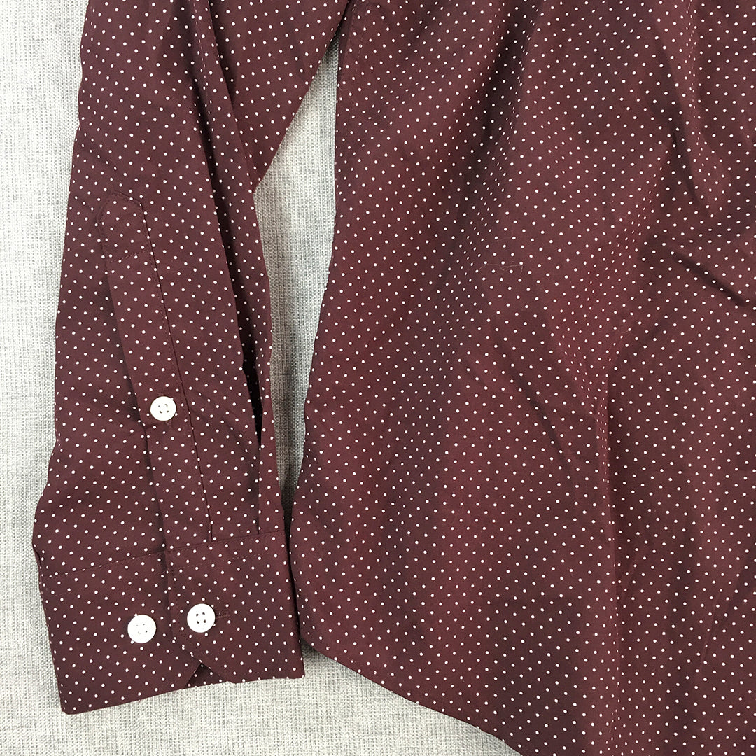 H&M Mens Shirt Size S Slim Fit Maroon Red Dot Pattern Long Sleeve Button-Up