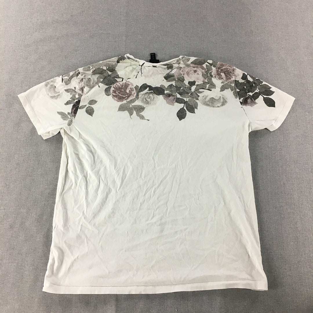 H&M Mens T-Shirt Size L White Short Sleeve Floral Crew Neck Tee