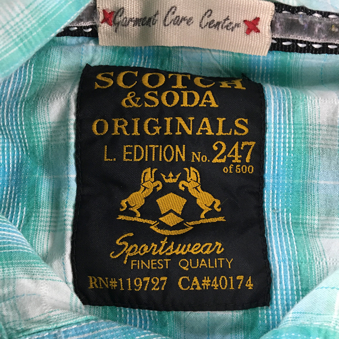 Scotch & Soda Mens Shirt Size L Slim Fit Blue Checkered Pearl-Snap Western