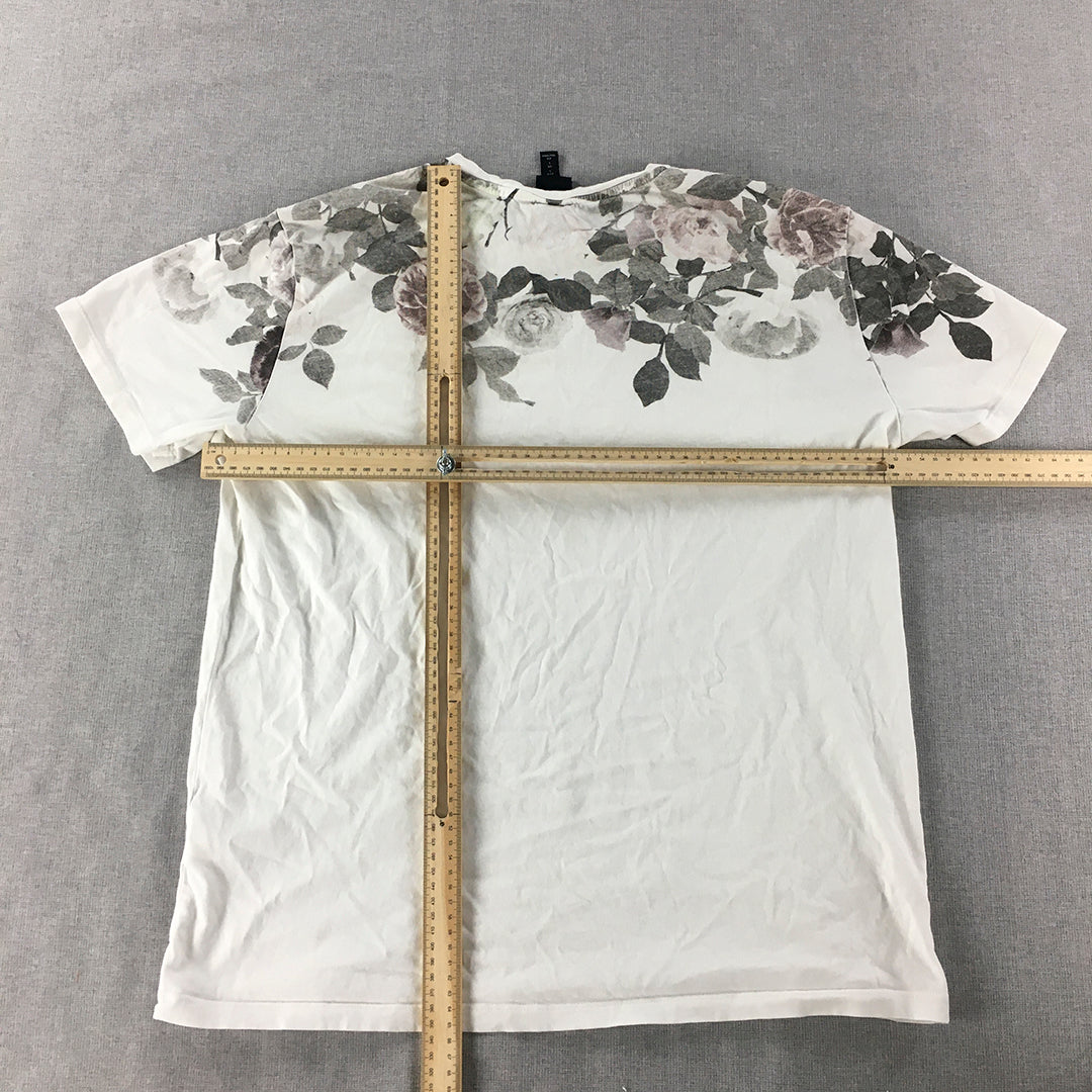 H&M Mens T-Shirt Size L White Short Sleeve Floral Crew Neck Tee