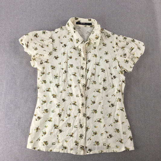 SO-EN Instyle Womens Shirt Size M White Floral Short Sleeve Button-Up Top