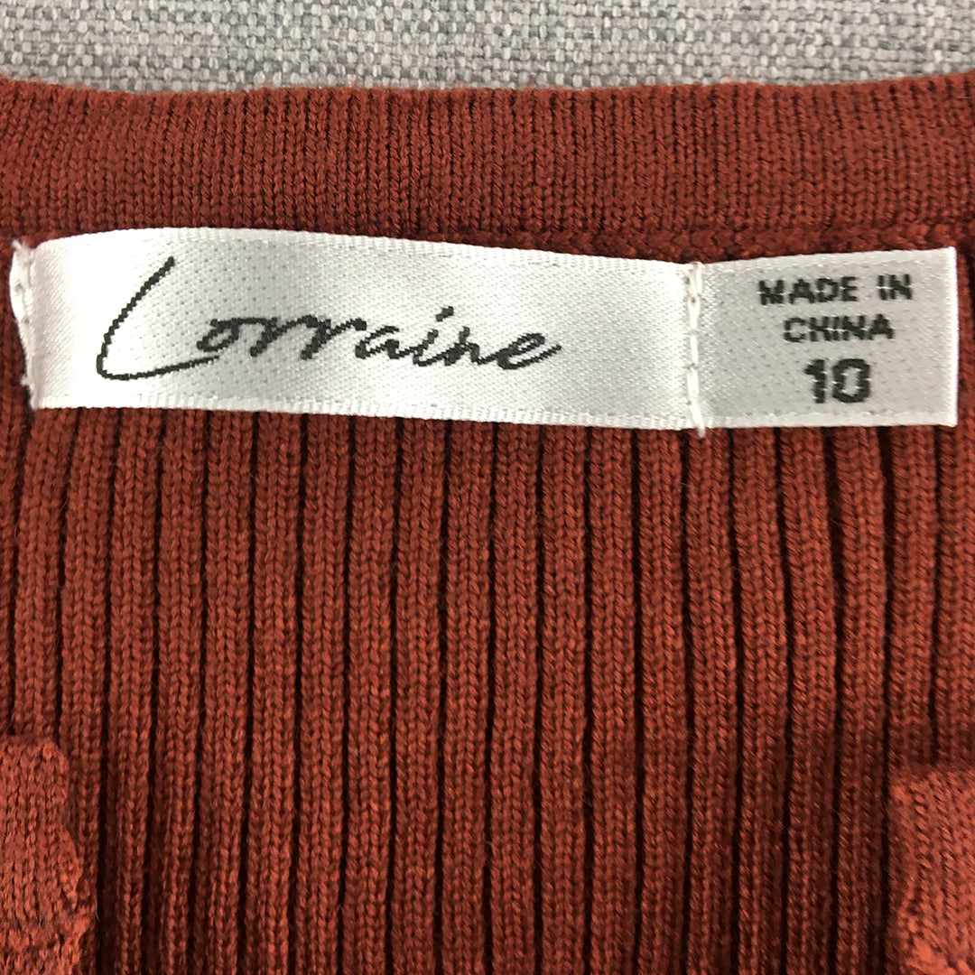 Lorraine Womens Knit Sweater Size 10 Rust Red Snap Button Stretch Jumper