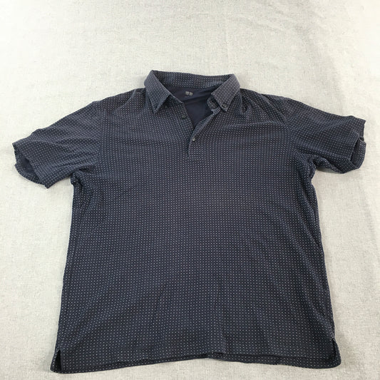 Uniqlo AIRism Mens Polo Shirt Size L Navy Blue Dot Pattern Collared Rugby