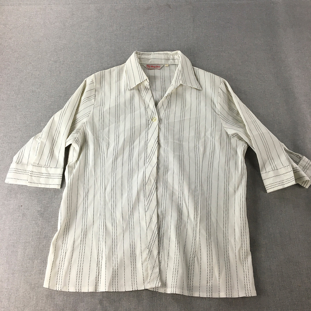 Heng Shun Womens Shirt Size L White Striped Button-Up 3/4 Length Sleeves Top