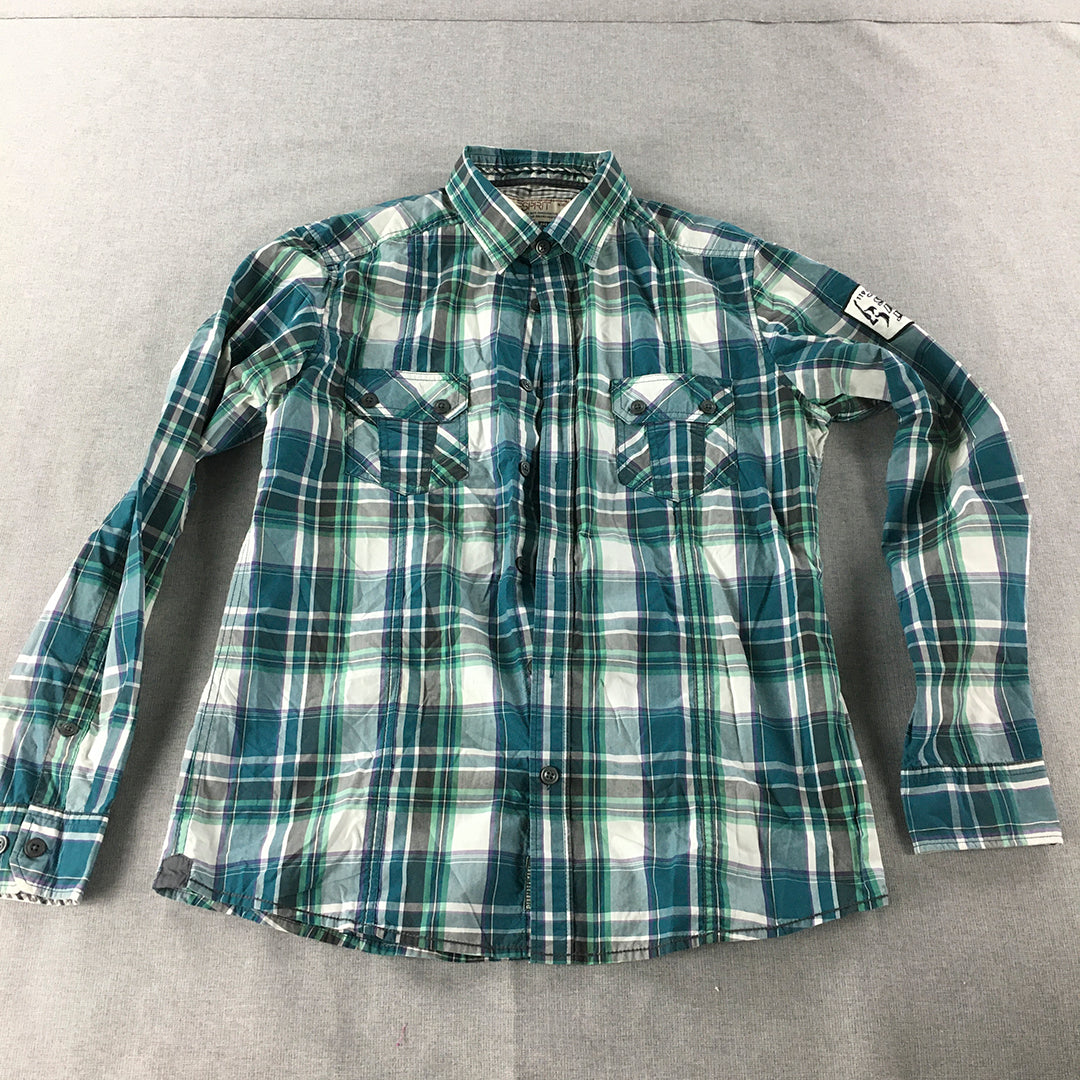 Esprit Mens Shirt Size L Blue Green Checkered Long Sleeve Button-Up