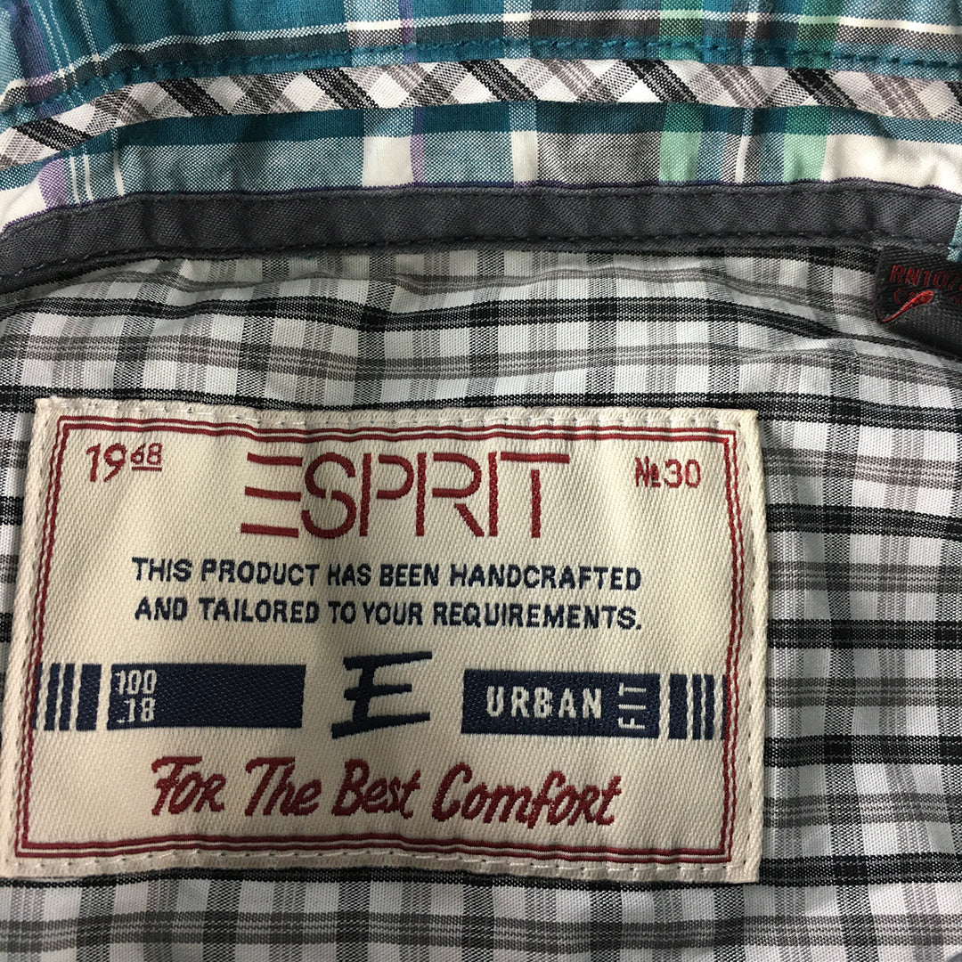 Esprit Mens Shirt Size L Blue Green Checkered Long Sleeve Button-Up