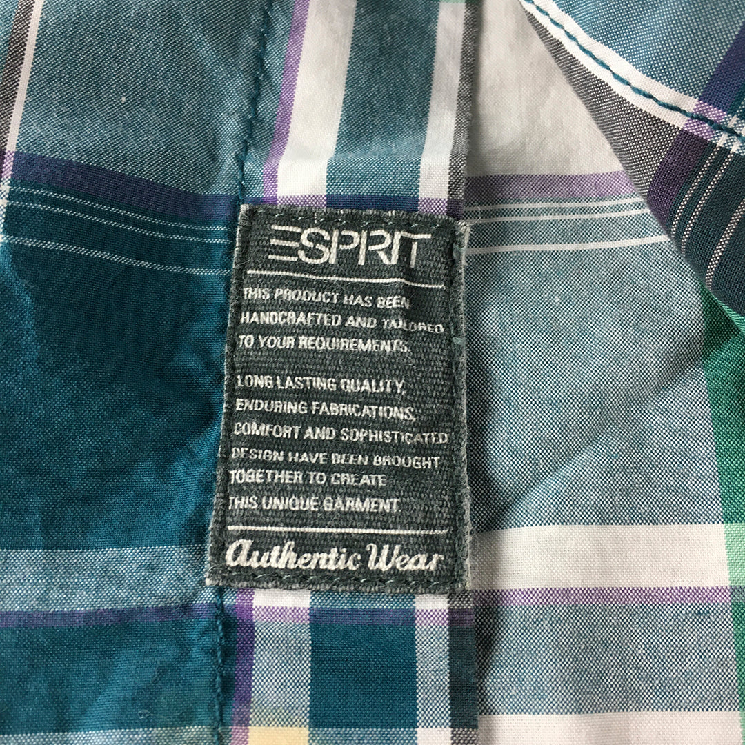 Esprit Mens Shirt Size L Blue Green Checkered Long Sleeve Button-Up