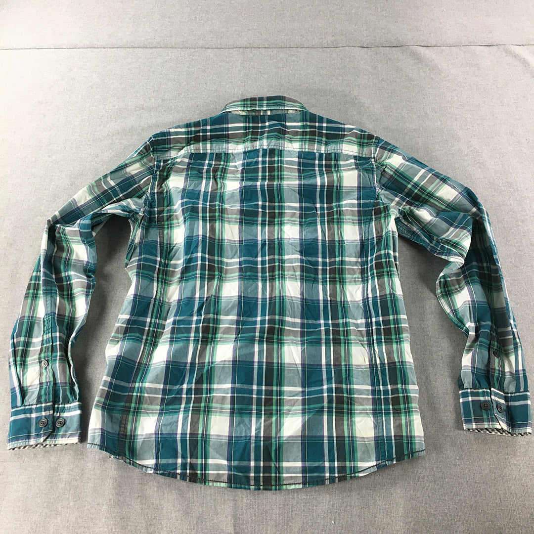 Esprit Mens Shirt Size L Blue Green Checkered Long Sleeve Button-Up