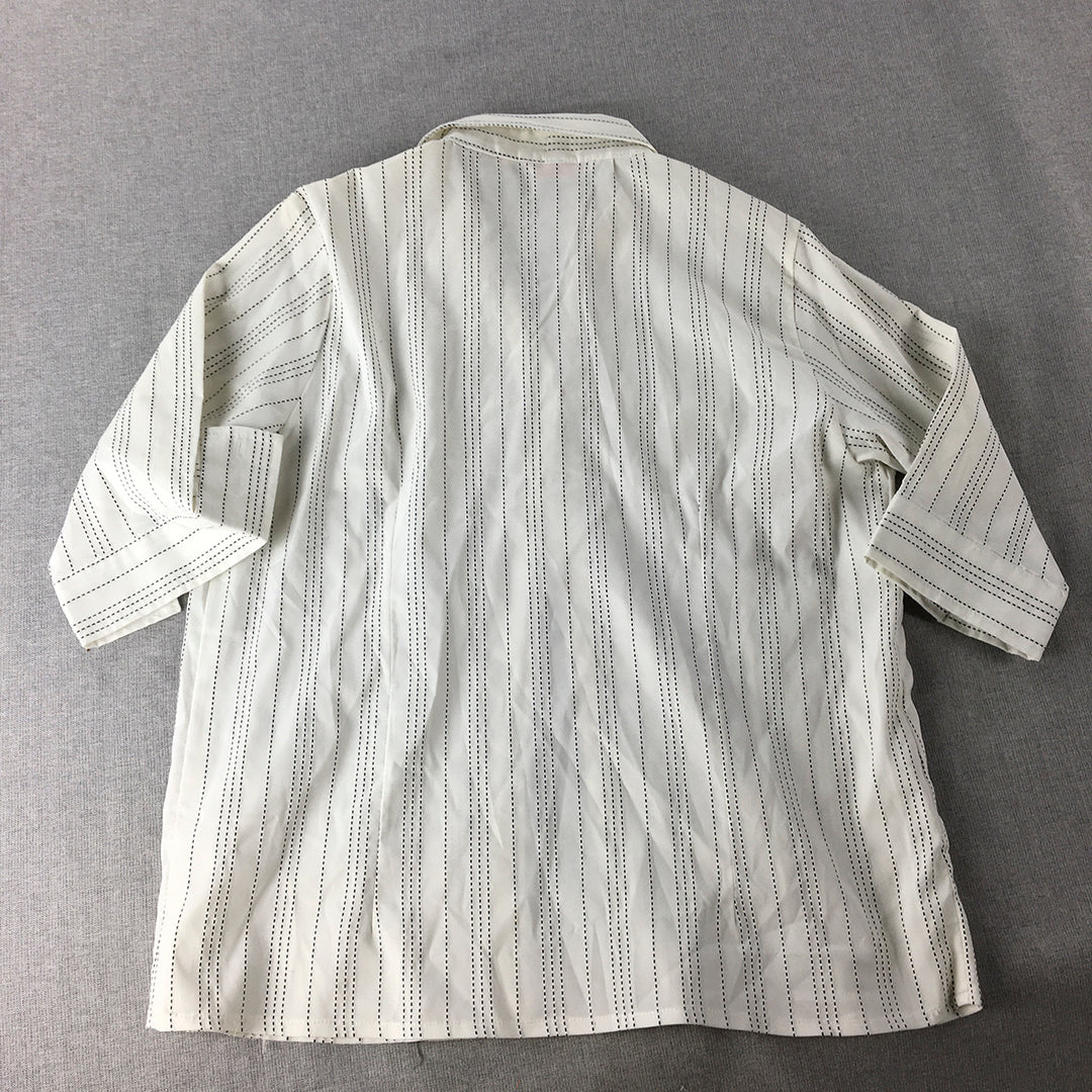 Heng Shun Womens Shirt Size L White Striped Button-Up 3/4 Length Sleeves Top