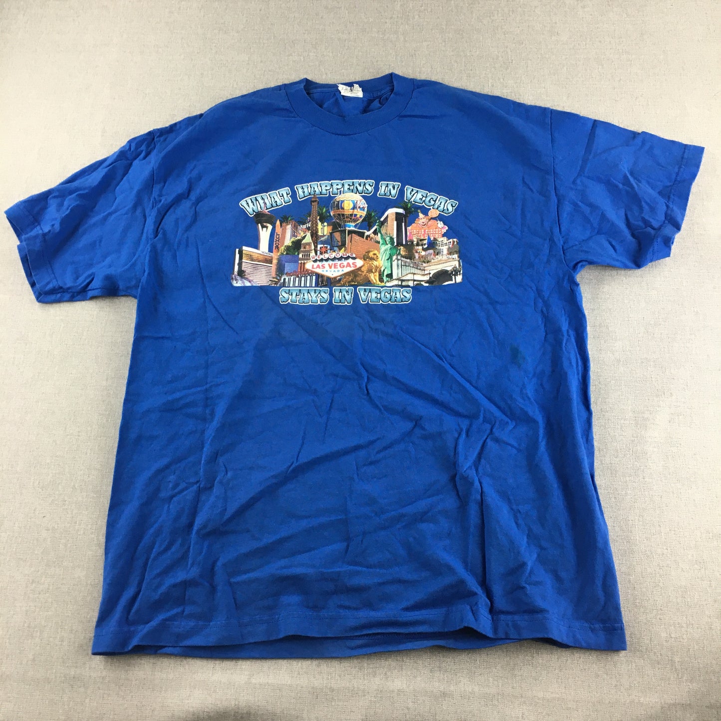 Vintage What Happens In Vegas Stays In Vegas Mens T-Shirt Size XL Blue