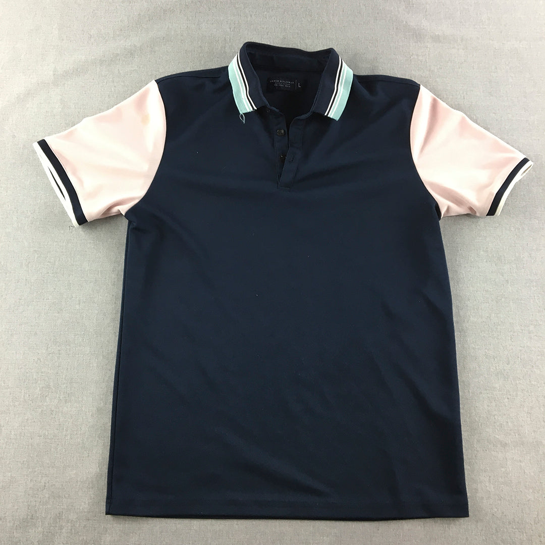 Denim & Flower Mens Polo Shirt Size L Slim Fit Blue Pink Short Sleeve Rugby