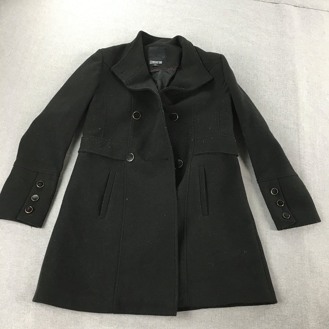 Madame Womens Trench Coat Size M Black Double Breasted Long Jacket