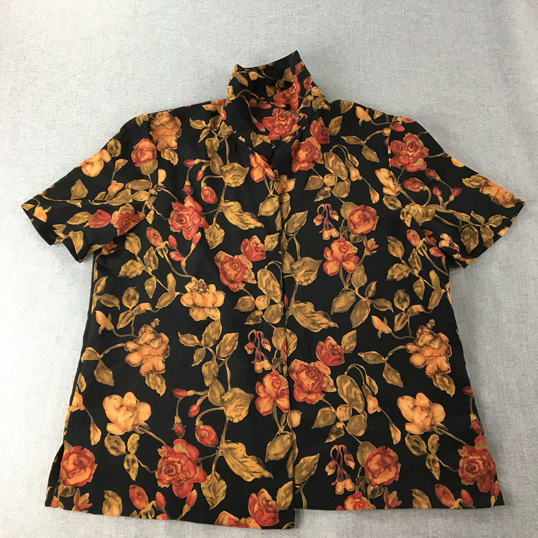 KK Collection Womens Top Size 12 Black Yellow Rose Floral Button-Up Shirt