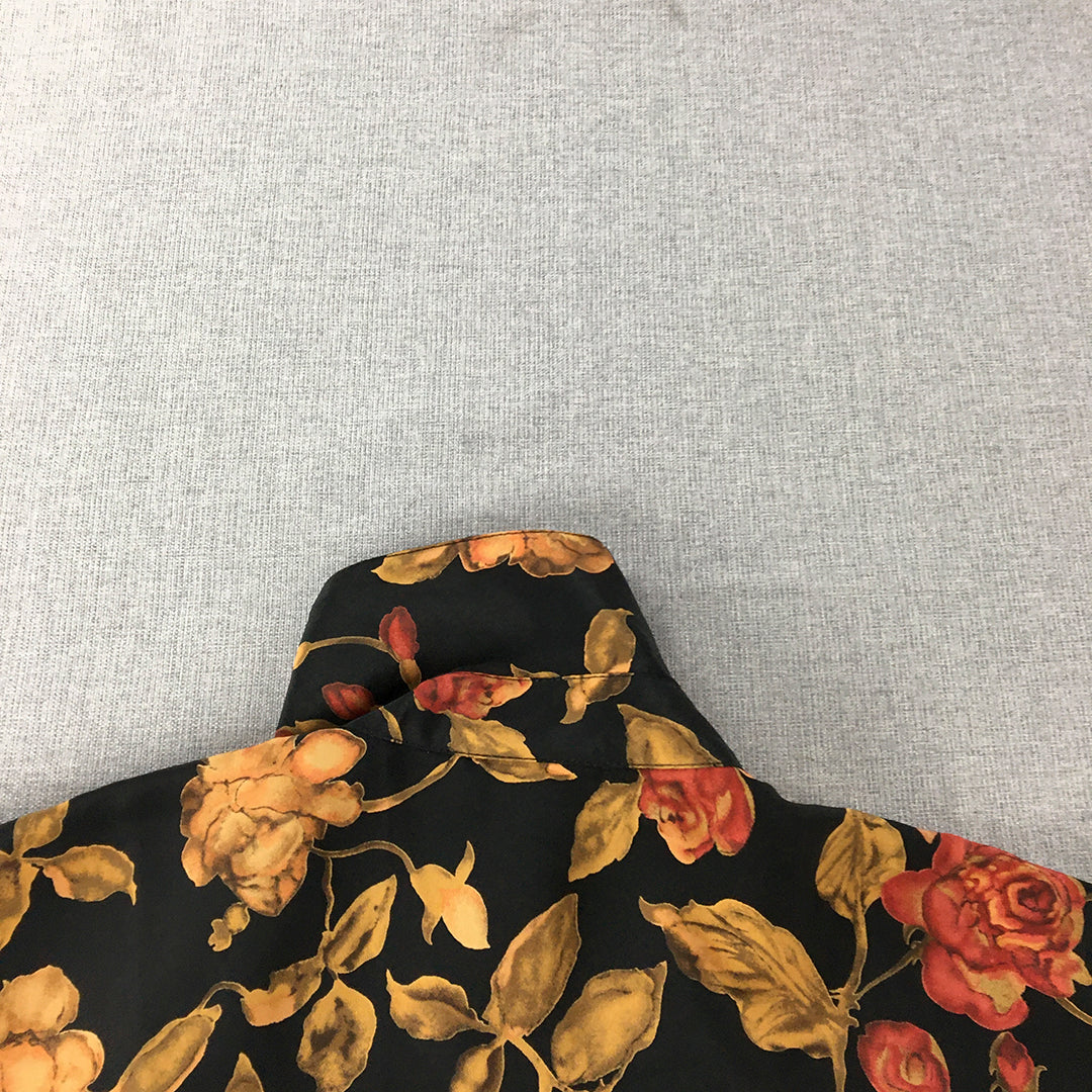 KK Collection Womens Top Size 12 Black Yellow Rose Floral Button-Up Shirt