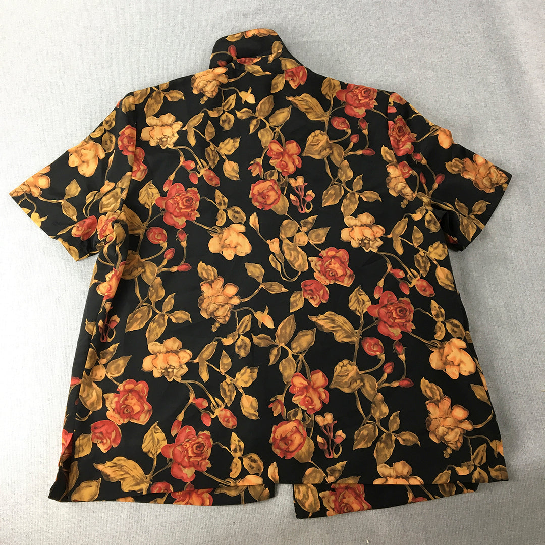 KK Collection Womens Top Size 12 Black Yellow Rose Floral Button-Up Shirt