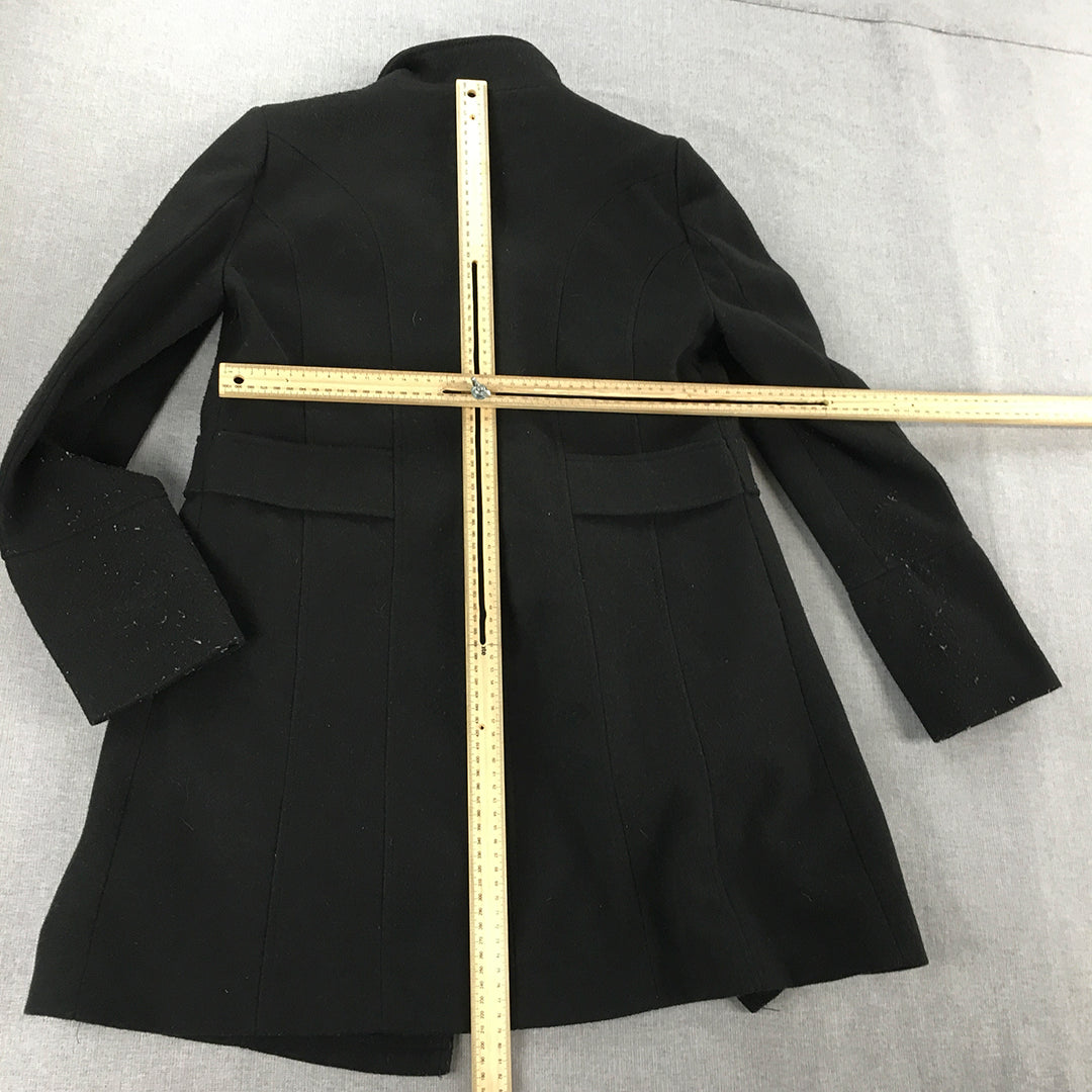 Madame Womens Trench Coat Size M Black Double Breasted Long Jacket