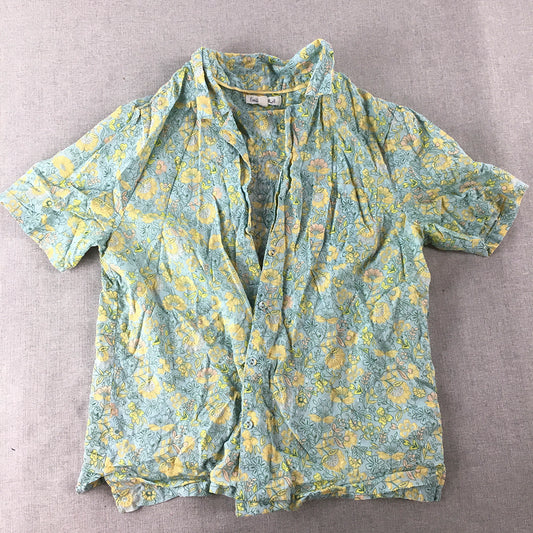 Emilia Elliot Womens Top Size S Yellow Blue Floral Button-Up Short Sleeve Shirt