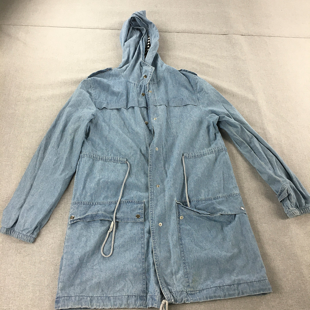 Caroline K Morgan Womens Denim Hooded Coat Size L Blue Pearl-Snap Jacket