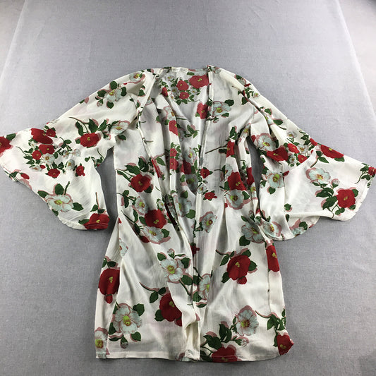 Malibu Womens Tunic Size 16 White Red Floral Oepn-Front Cardigan