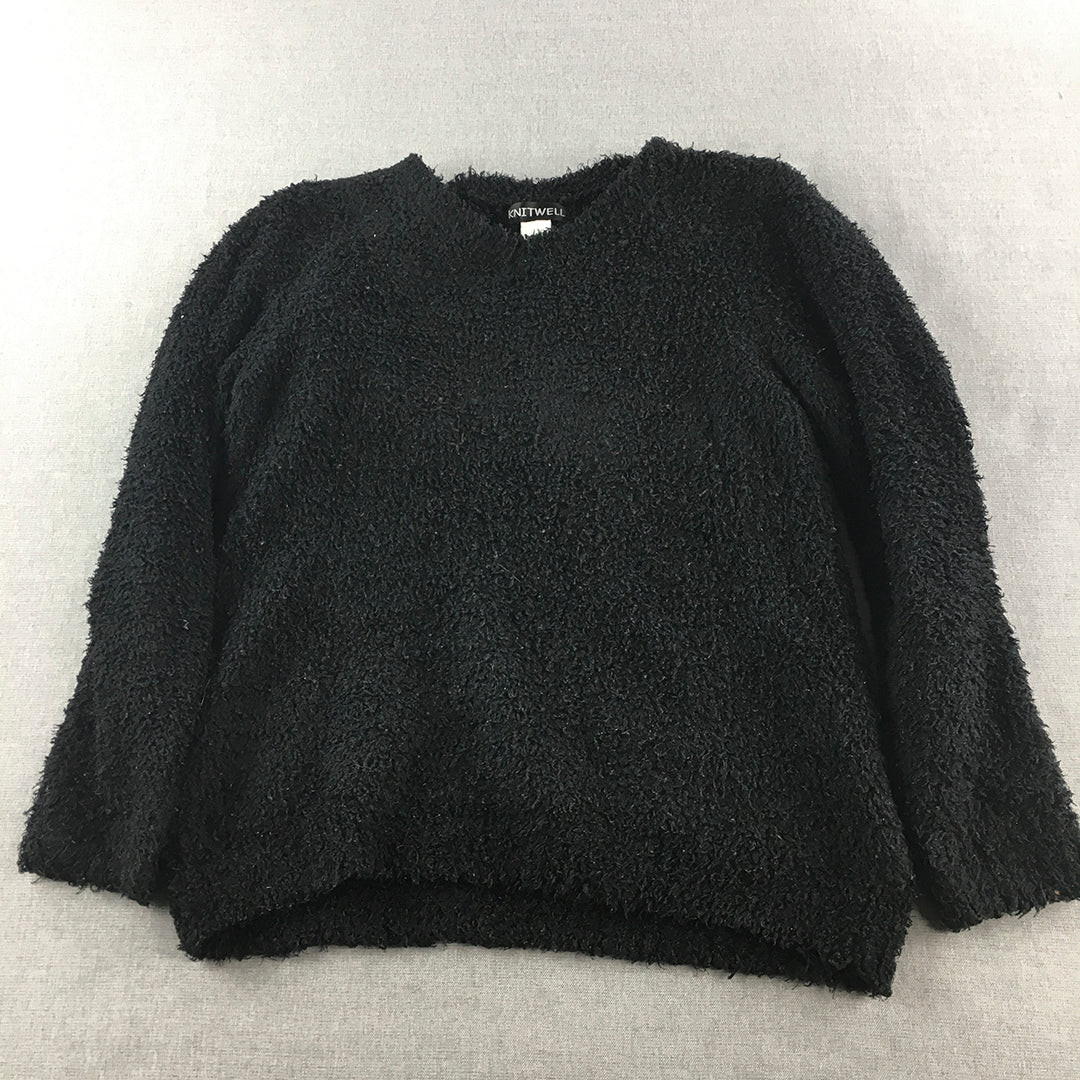 Knitwell Womens Sweater Size L Black Fleece V-Neck Pullover Jumper