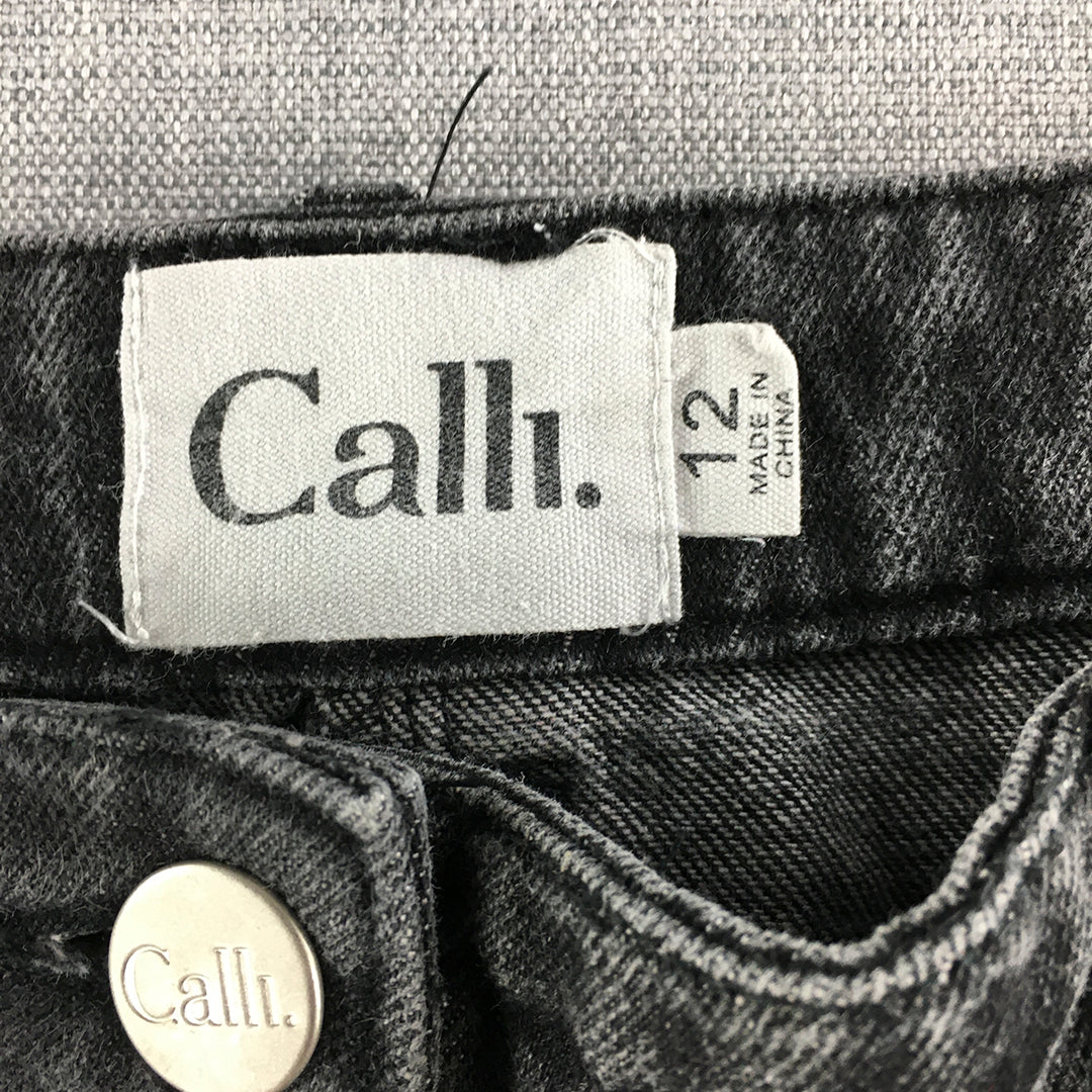 Calli Womens 3/4 Length Jeans Size 12 Black Wide Leg Dark Wash Denim