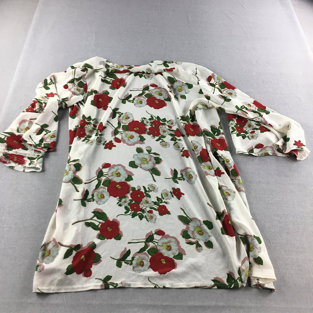 Malibu Womens Tunic Size 16 White Red Floral Oepn-Front Cardigan