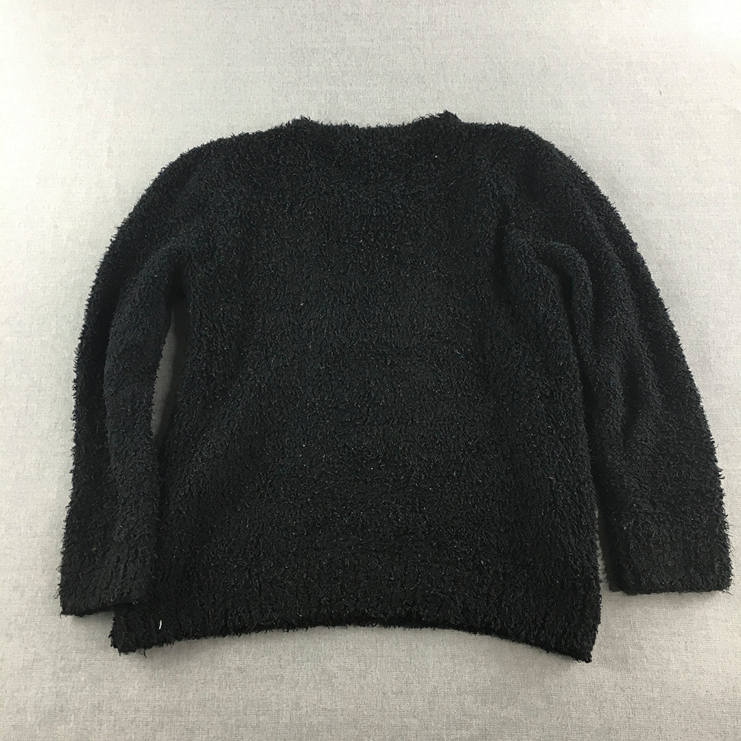 Knitwell Womens Sweater Size L Black Fleece V-Neck Pullover Jumper