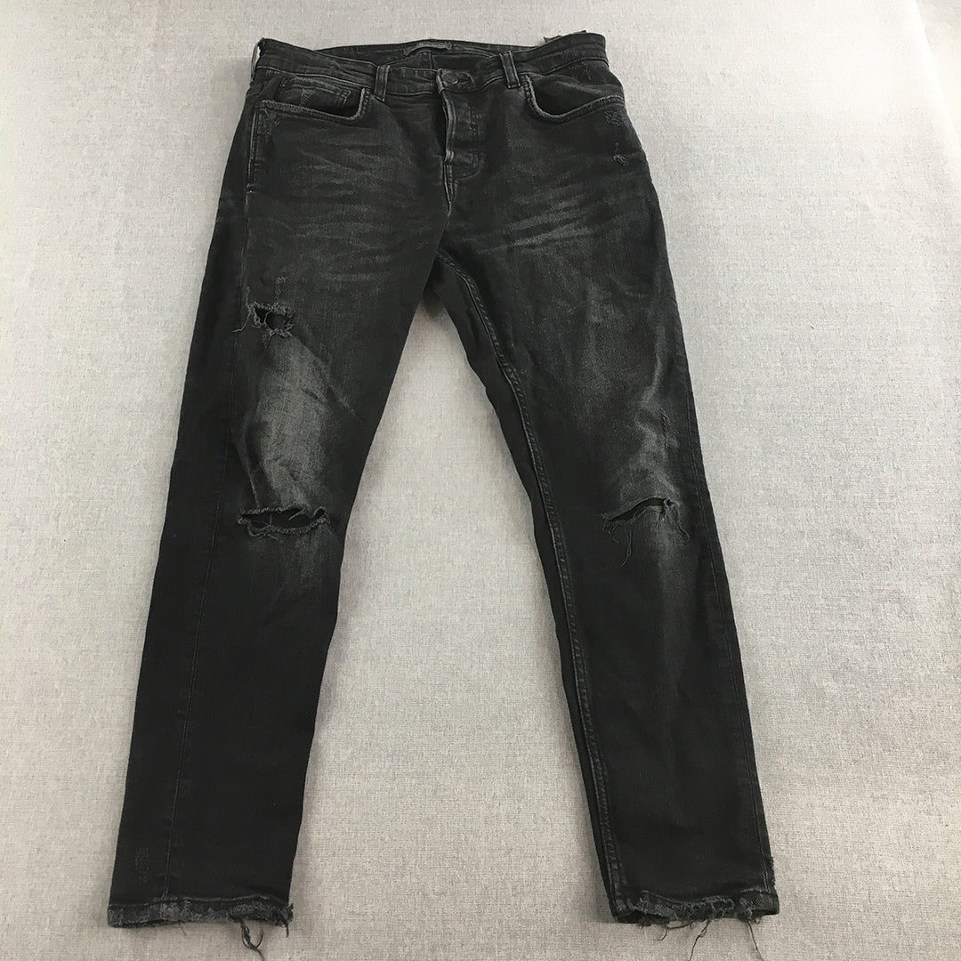 Zara Mens Skinny Jeans Size 34 (W32) Black Distressed Dark Wash Denim