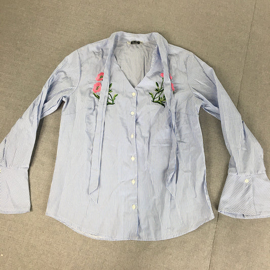 Cazibe Womens Shirt Size M Blue Striped Long Sleeve Button-Up Floral Embroidered