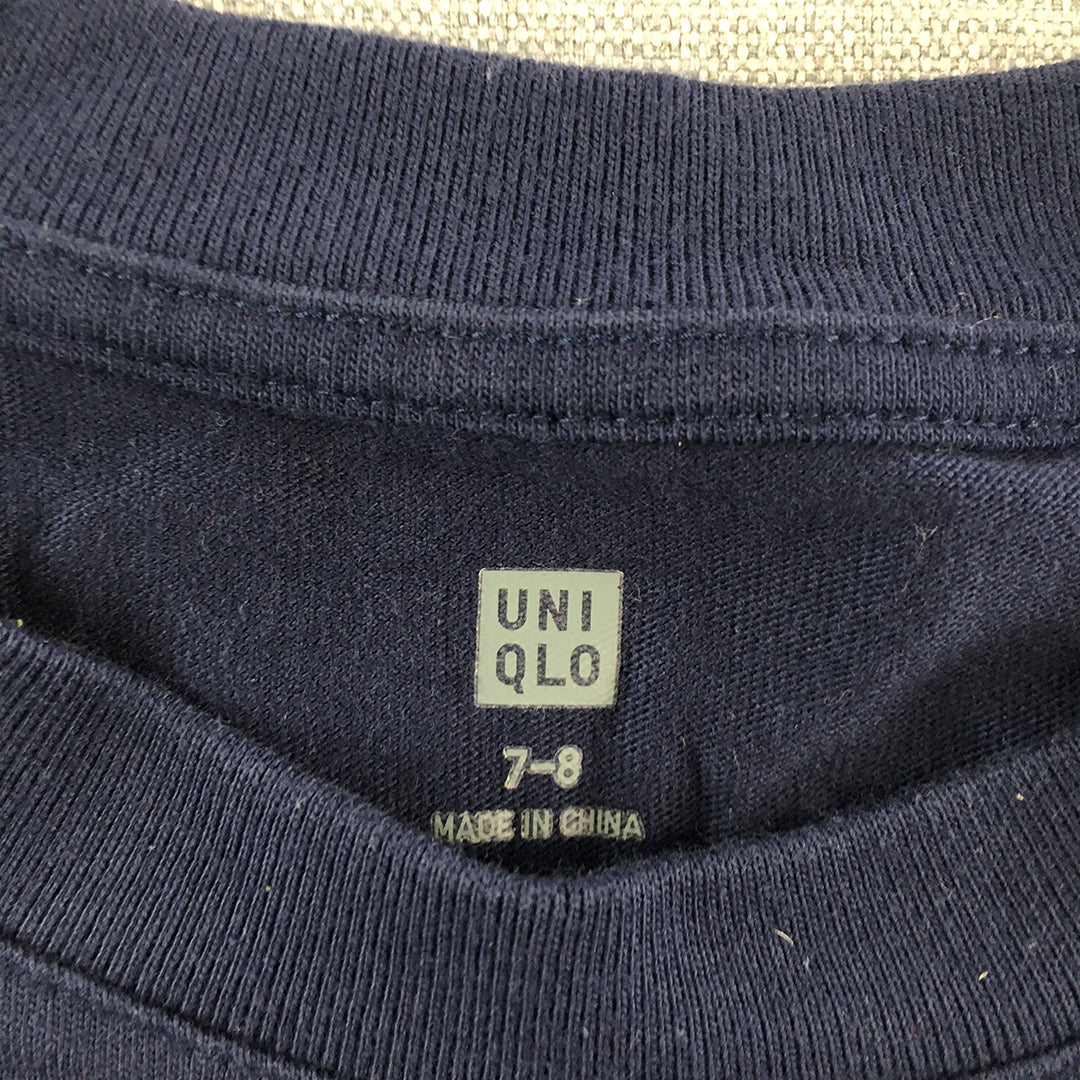 Uniqlo Kids Boys T-Shirt Size 7 - 8 Years Blue Striped Crew Neck Top