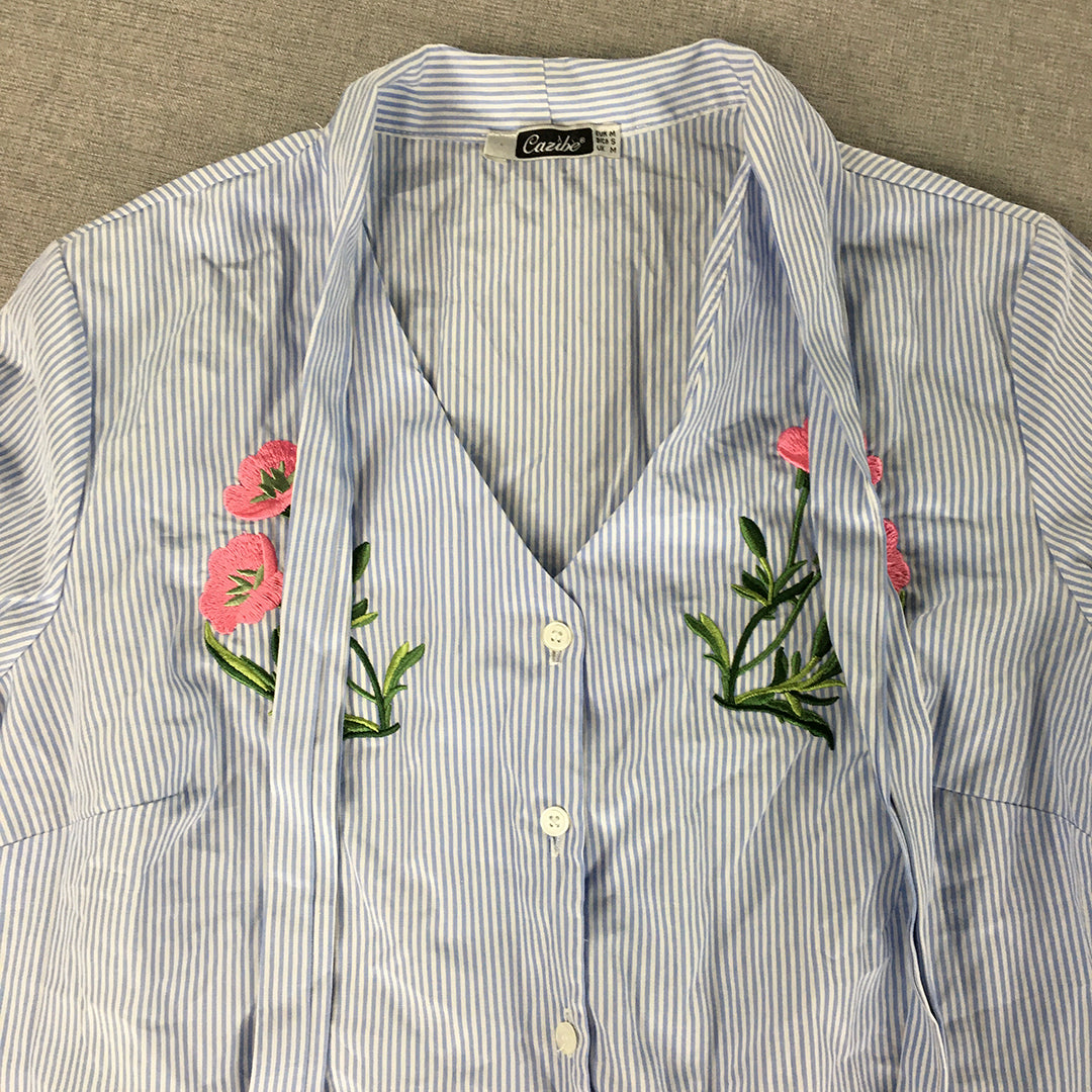 Cazibe Womens Shirt Size M Blue Striped Long Sleeve Button-Up Floral Embroidered