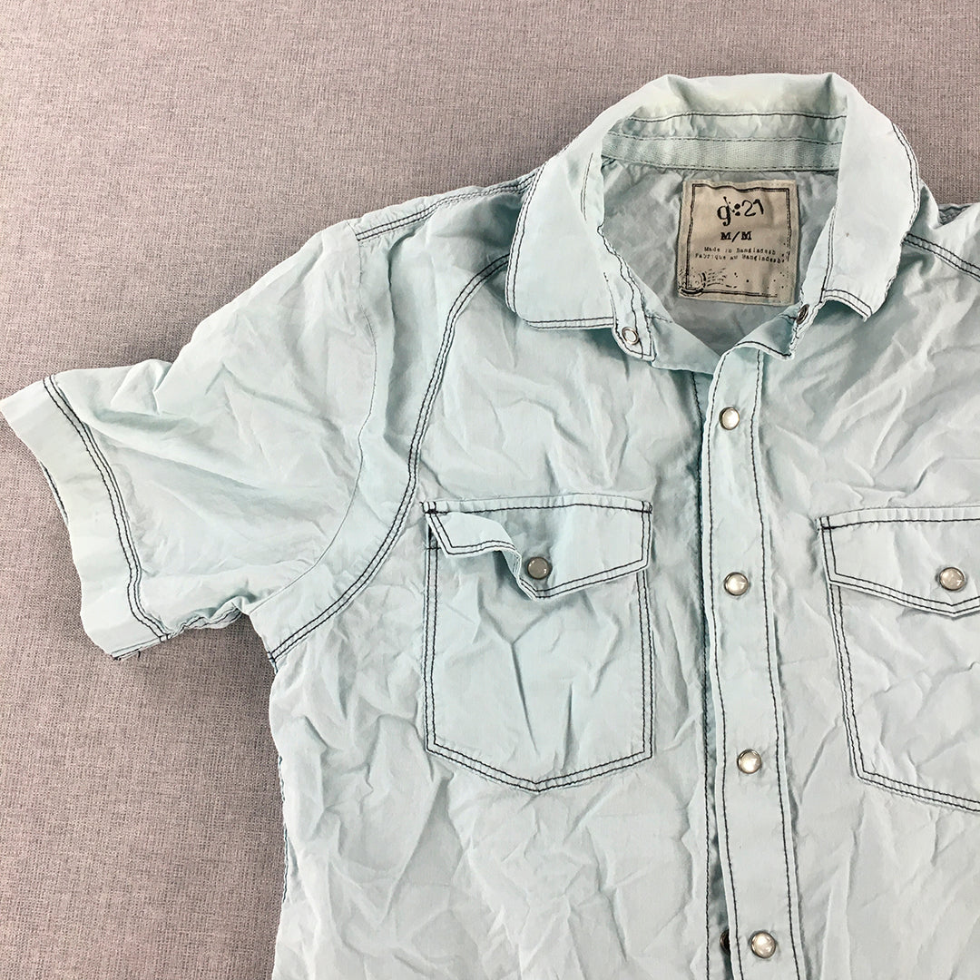 G21 Mens Shirt Size M Blue Pearl-Snap Cowboy Western Button-Up Pockets