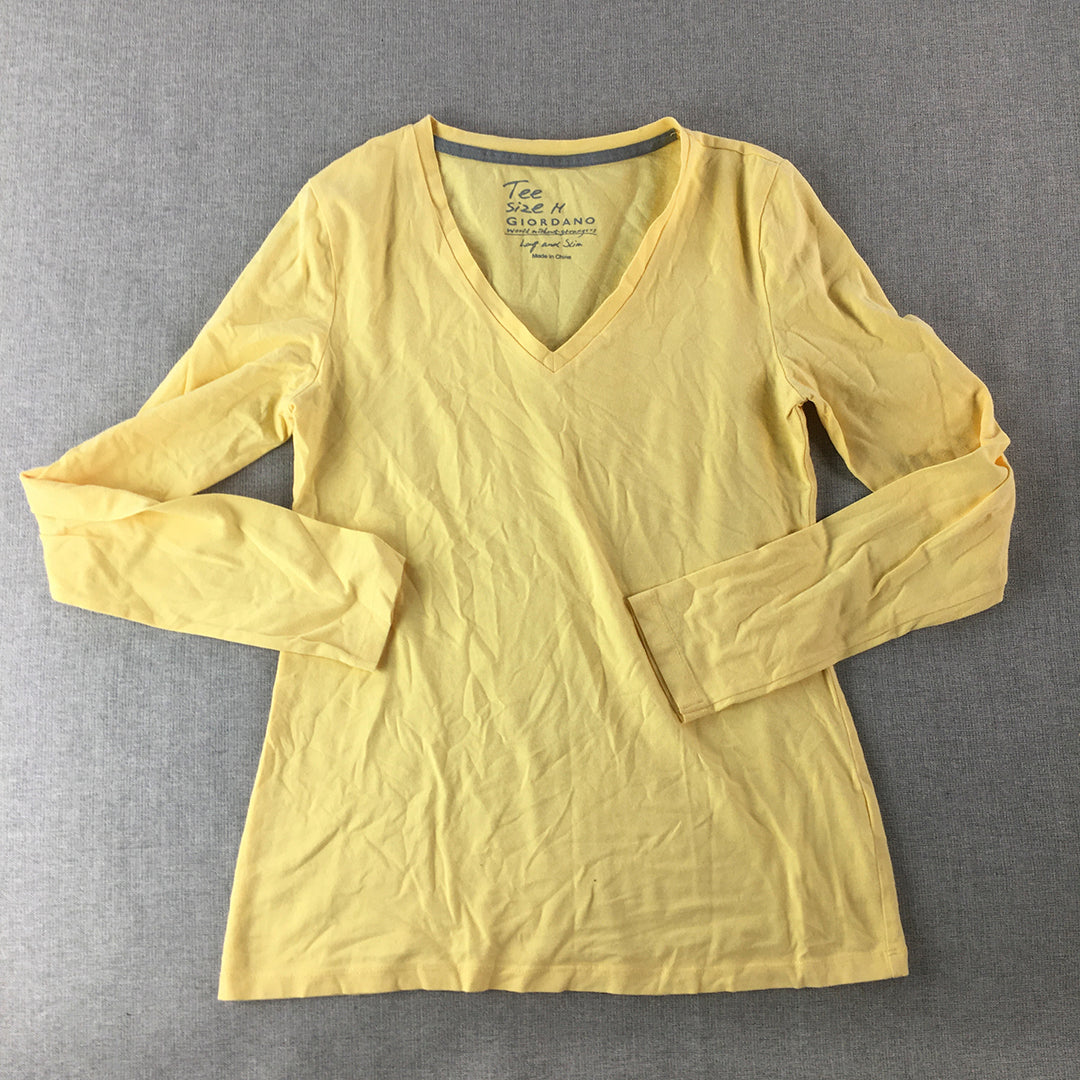 Giordano Womens Top Size M Yellow Long Sleeve V-Neck Slim Fit Pullover Shirt