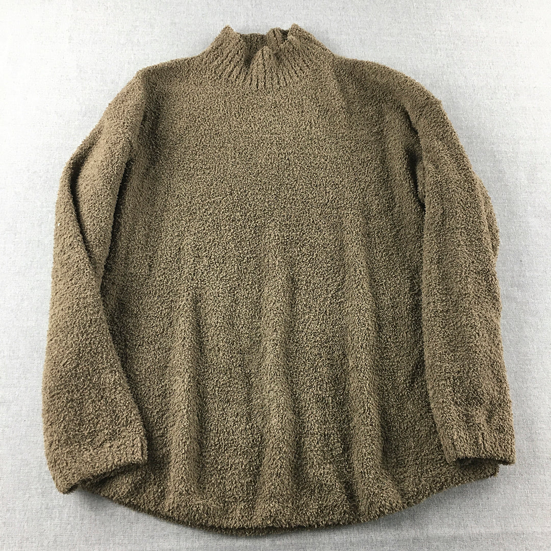 Uniqlo Womens Fleece Sweater Size S Khaki Brown Mock Neck Jumper