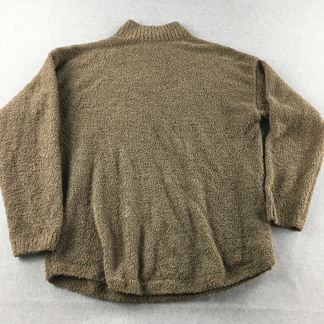 Uniqlo Womens Fleece Sweater Size S Khaki Brown Mock Neck Jumper