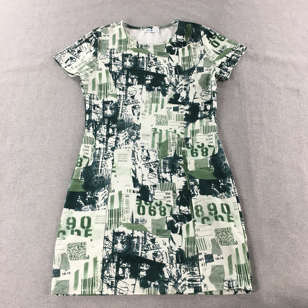 Valleygirl Womens Mini Dress Size L White Green Abstract Short Sleeve Pencil