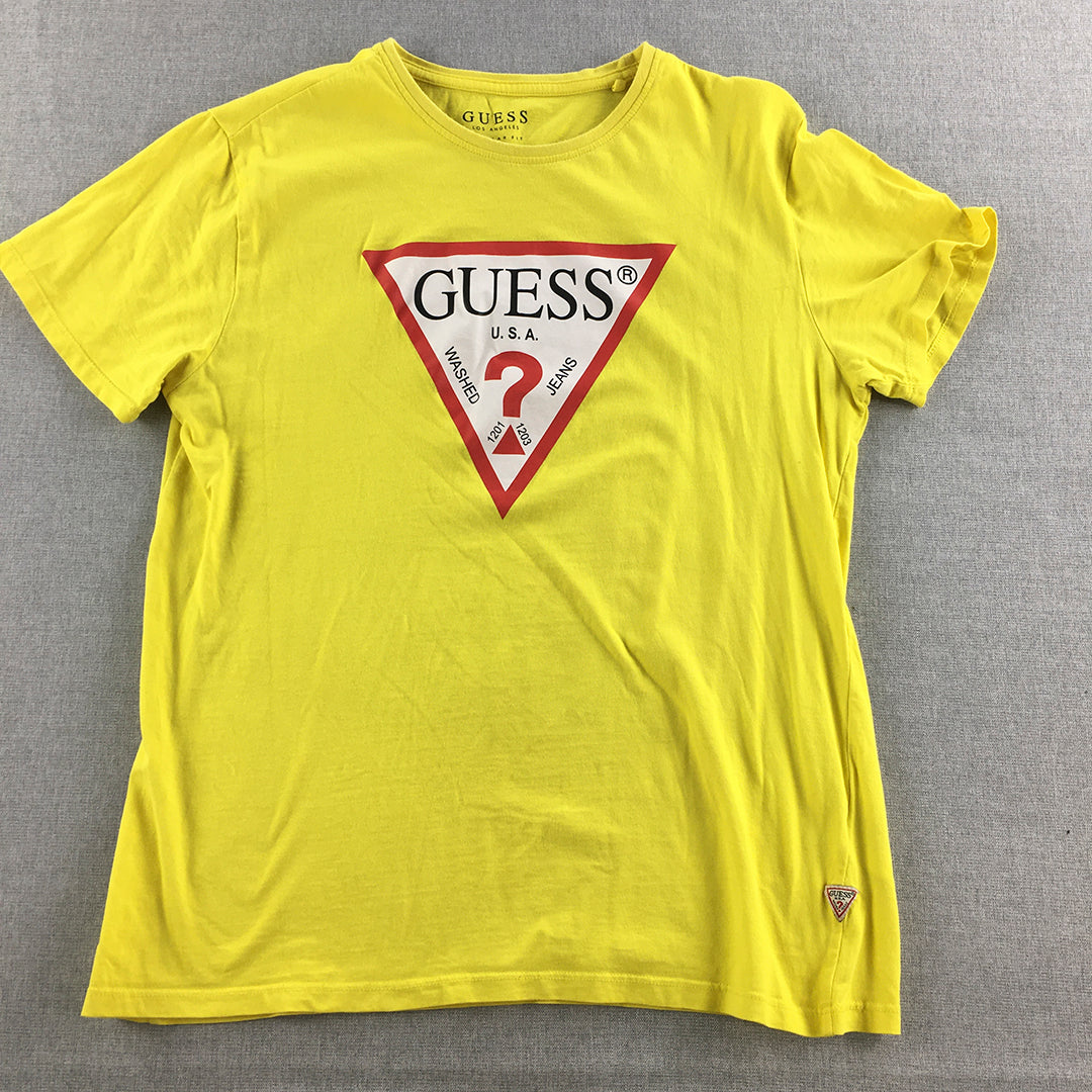 Guess Mens T-Shirt Size L Yellow Big Logo Crew Neck Short Sleeve Tee