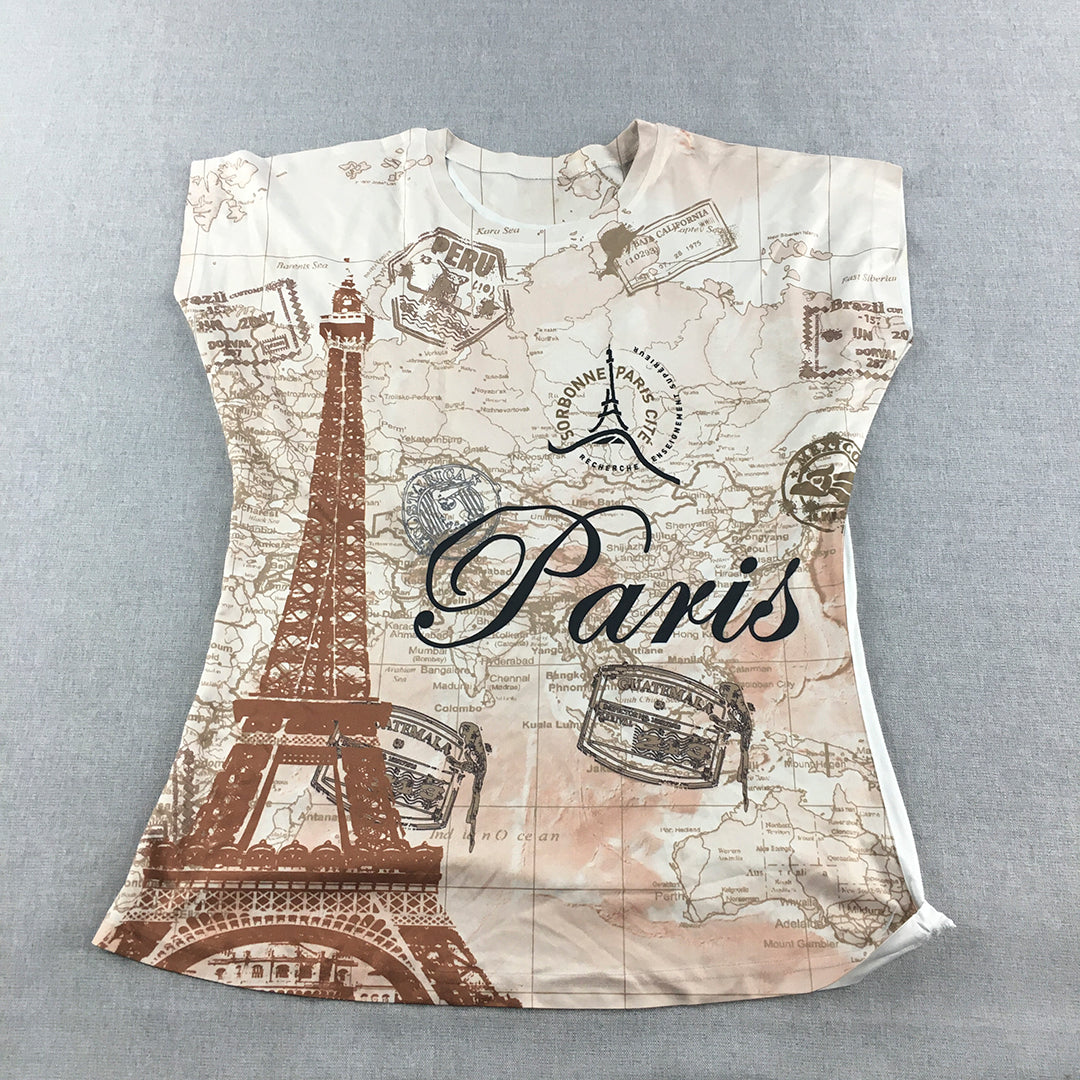 Paris France Womens T-Shirt Size M Brown White Full-Print Short Sleeve Top