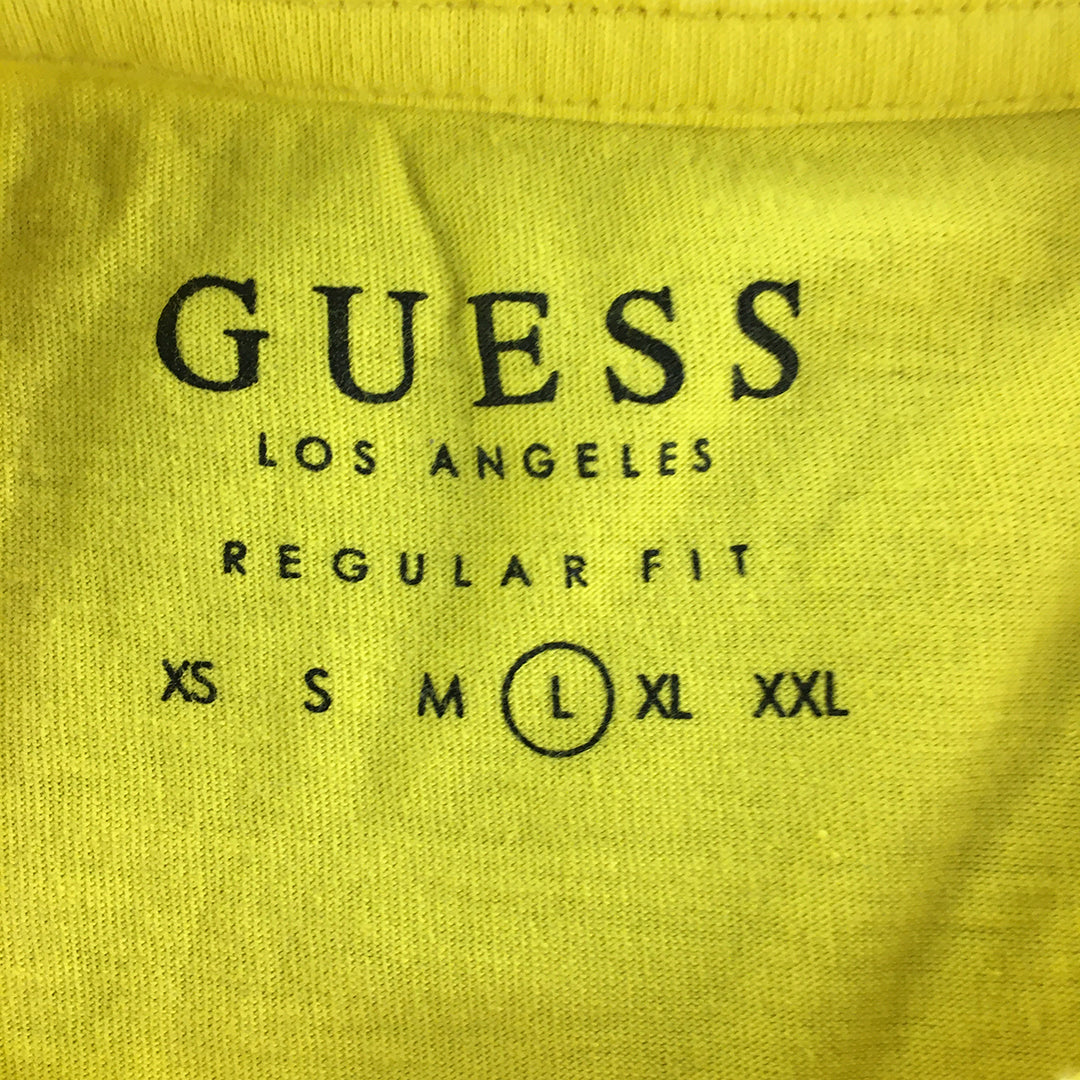 Guess Mens T-Shirt Size L Yellow Big Logo Crew Neck Short Sleeve Tee