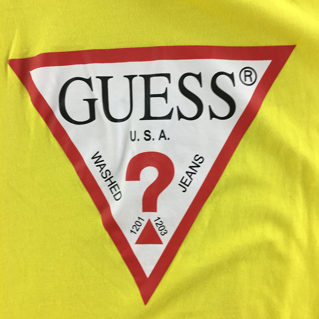 Guess Mens T-Shirt Size L Yellow Big Logo Crew Neck Short Sleeve Tee