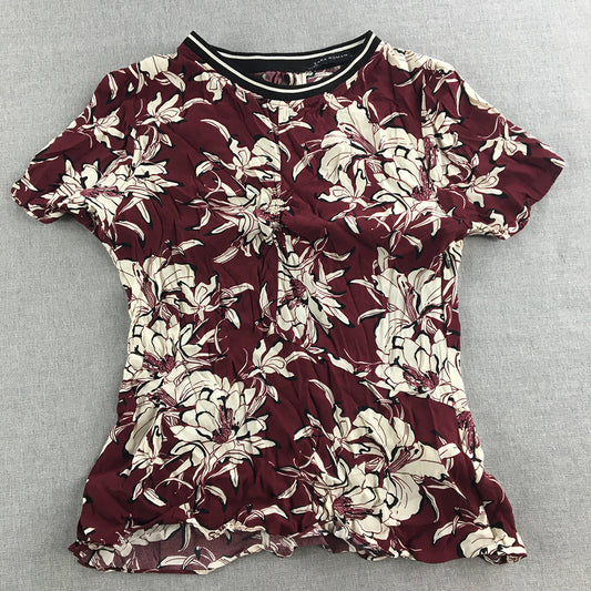 Zara Womens Top Size S Red White Floral Short Sleeve Shirt