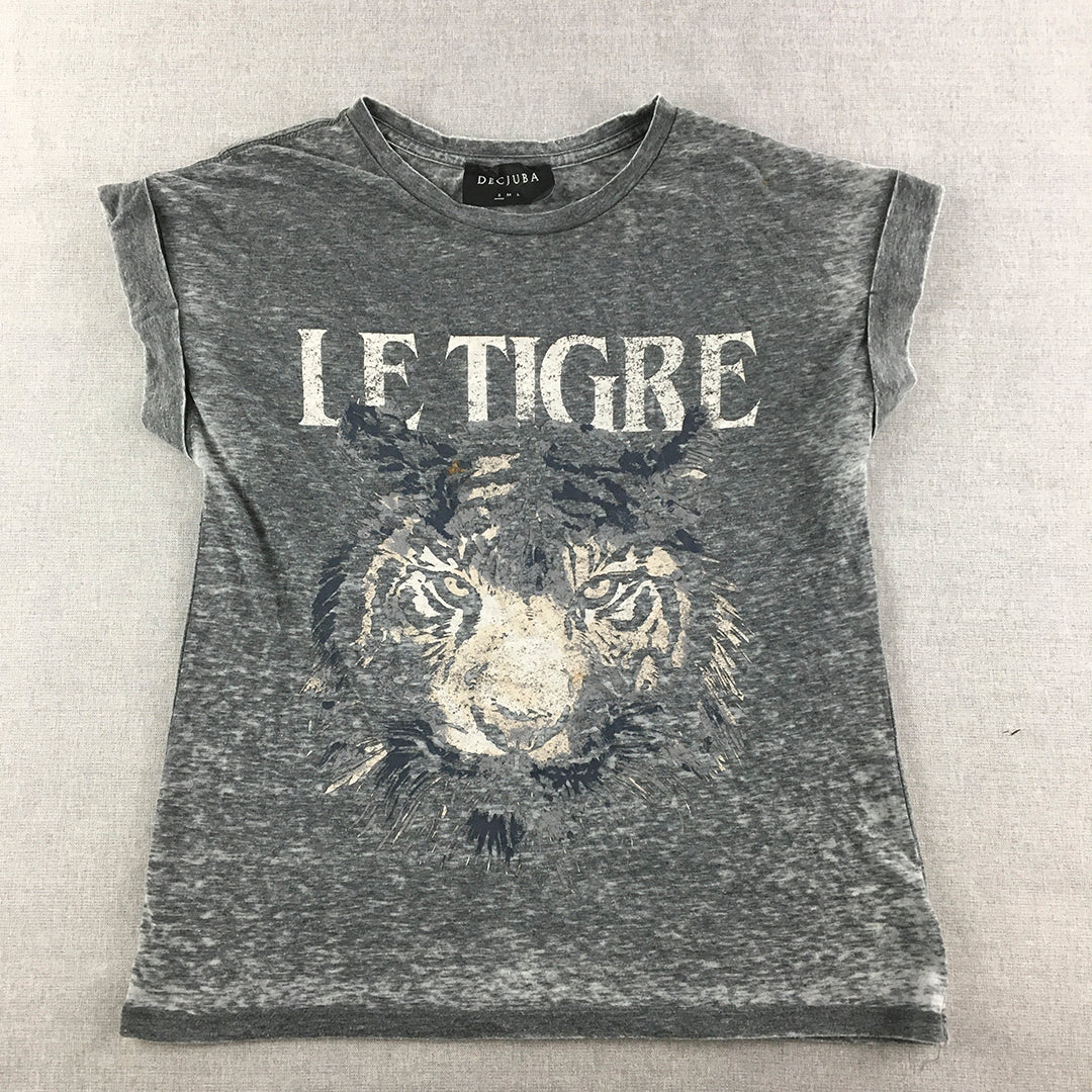 Decjuba Womens T-Shirt Size S Grey Tiger Le Tigre Short Sleeve Top