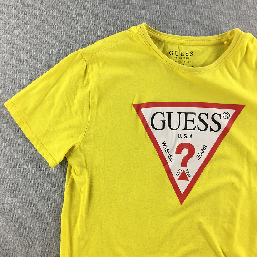 Guess Mens T-Shirt Size L Yellow Big Logo Crew Neck Short Sleeve Tee