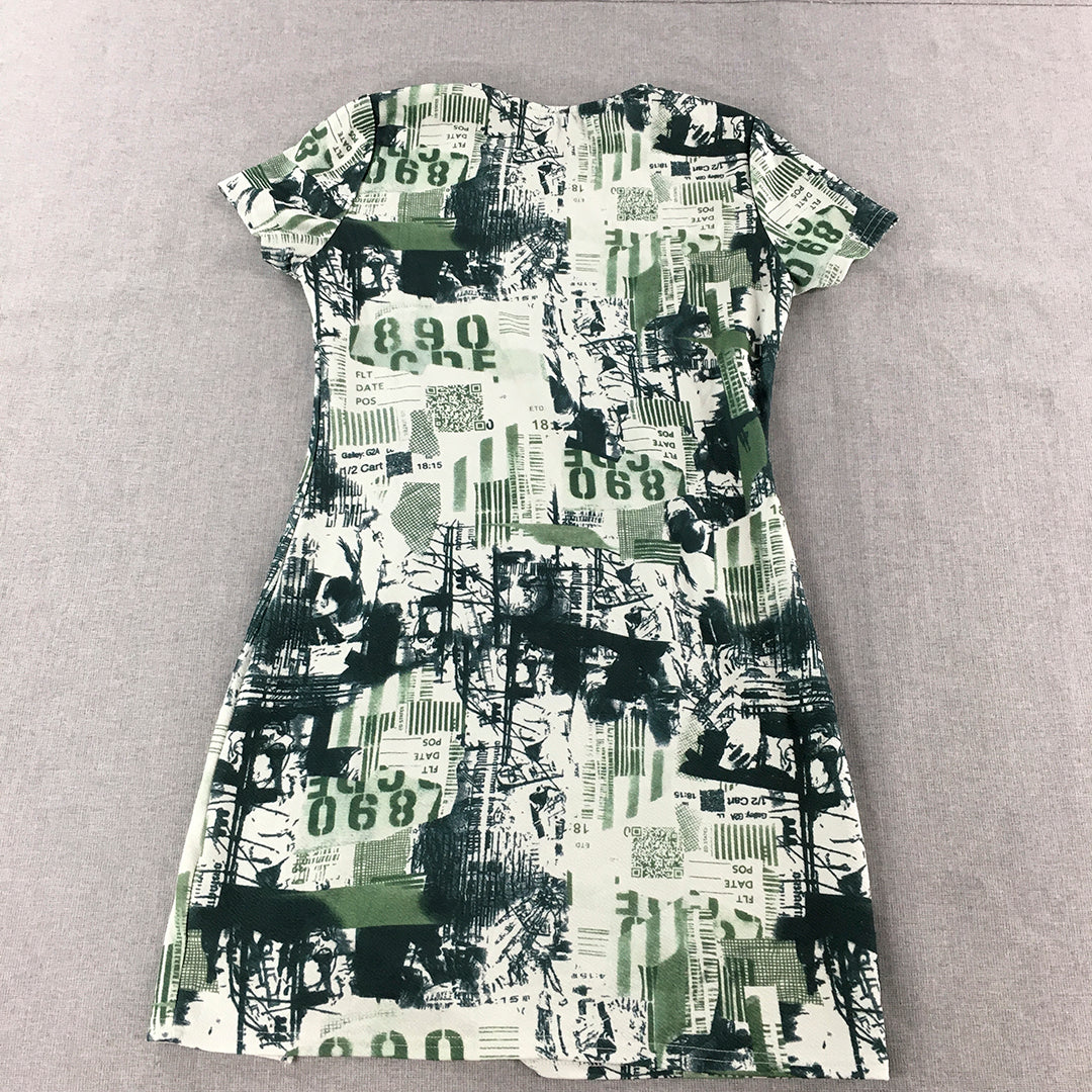 Valleygirl Womens Mini Dress Size L White Green Abstract Short Sleeve Pencil