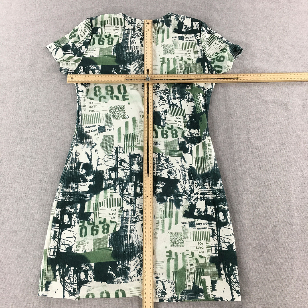 Valleygirl Womens Mini Dress Size L White Green Abstract Short Sleeve Pencil