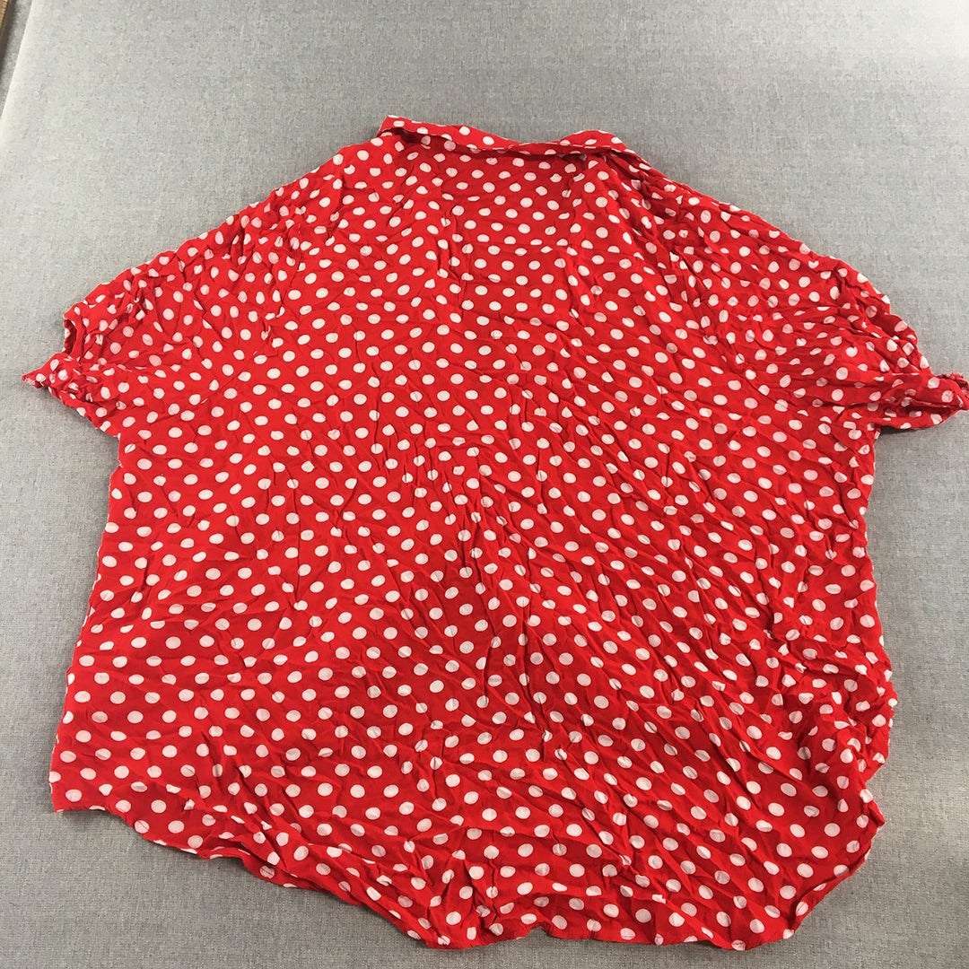 Cotton Village Womens Top Size S/M Red Polka Dot Short Sleeve Button-Up