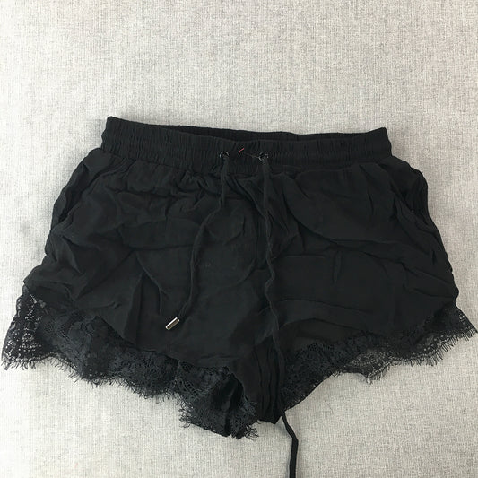 Bardot Womens Shorts Size 8 AUS Black Drawstring Elastic Waist Floral Lace Hem