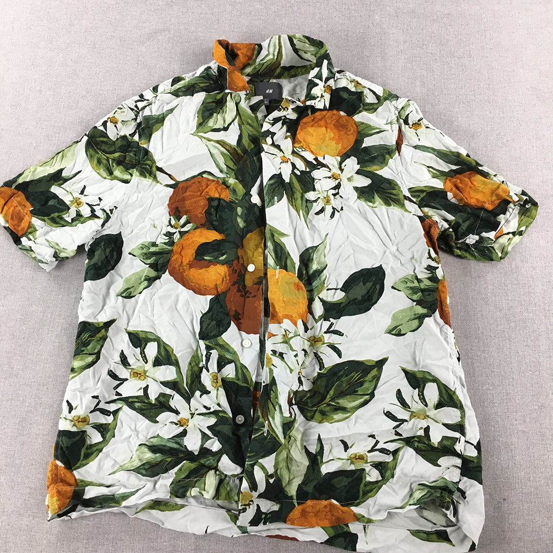 H&M Mens Hawaiian Shirt Size L White Green Yellow Lemons Floral Button-Up